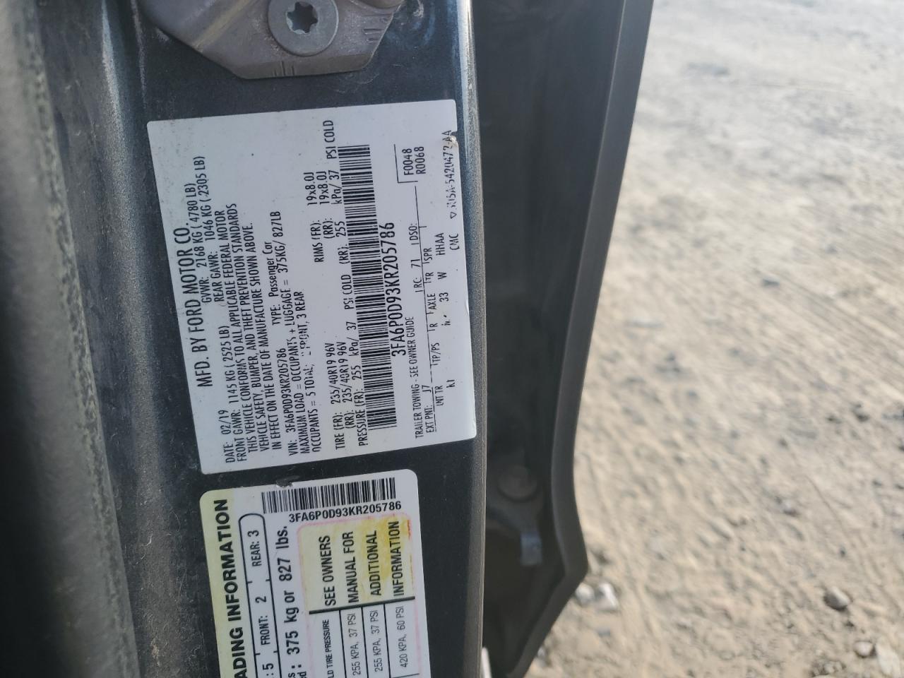 2019 Ford Fusion Titanium VIN: 3FA6P0D93KR205786 Lot: 91994965