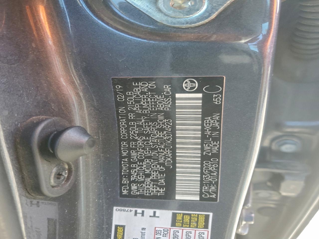 2019 Toyota Prius VIN: JTDKARFU1K3074923 Lot: 93293405