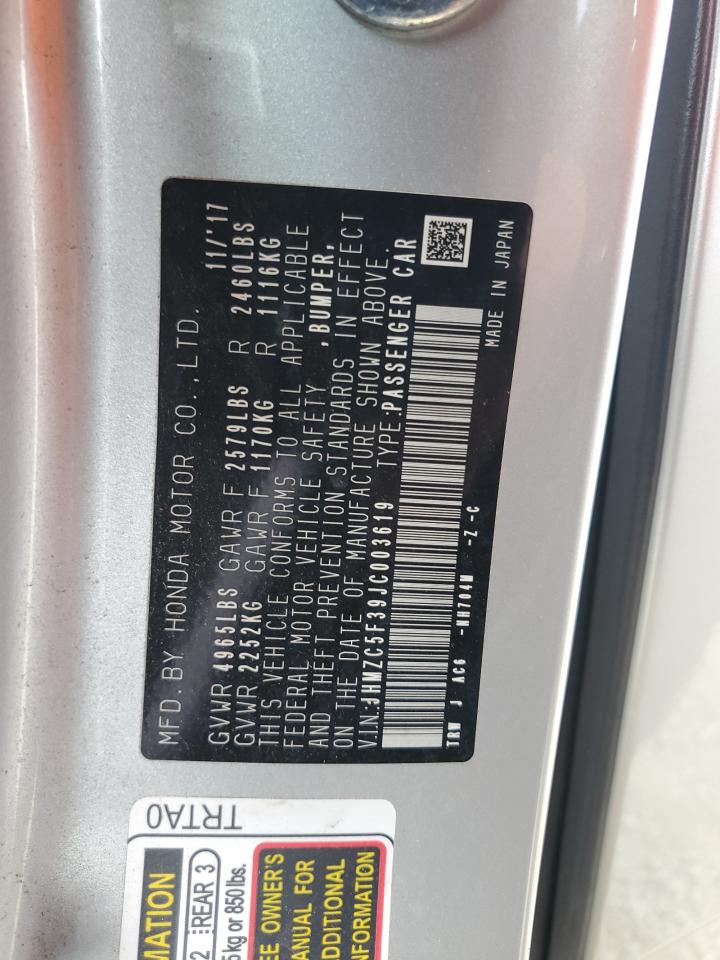 2018 Honda Clarity Touring VIN: JHMZC5F39JC003619 Lot: 85435845