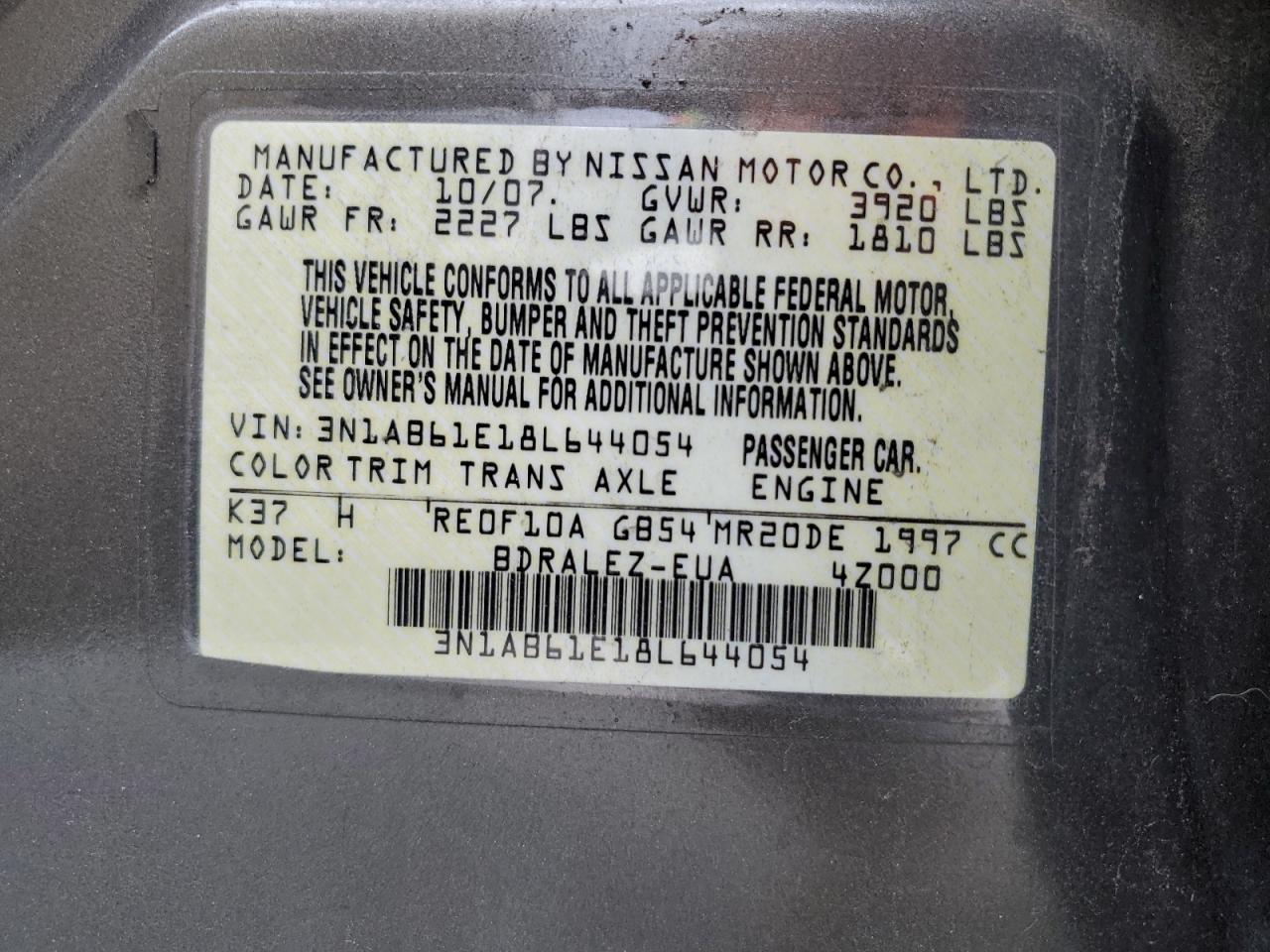 2008 Nissan Sentra 2.0 VIN: 3N1AB61E18L644054 Lot: 92385075