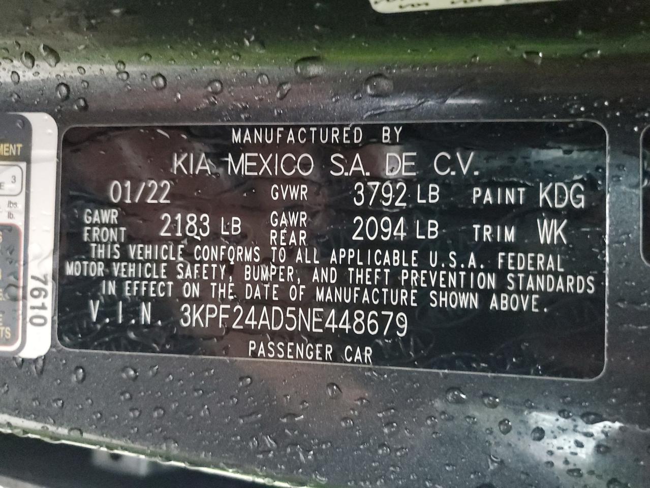 2022 Kia Forte Fe VIN: 3KPF24AD5NE448679 Lot: 92211465