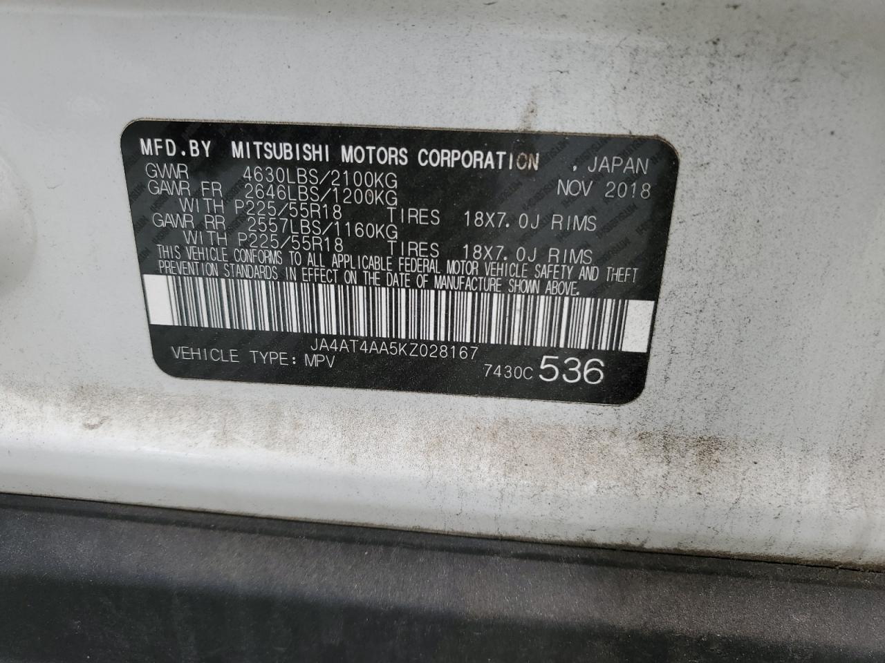 2019 Mitsubishi Eclipse Cross Le VIN: JA4AT4AA5KZ028167 Lot: 91407375