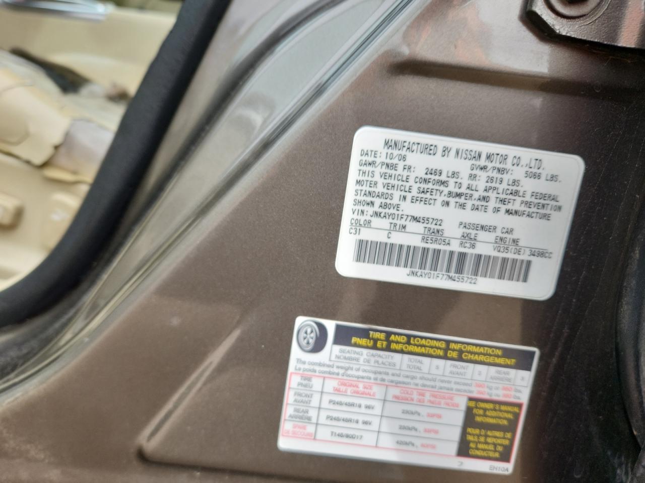 2007 Infiniti M35 Base VIN: JNKAY01F77M455722 Lot: 91287055