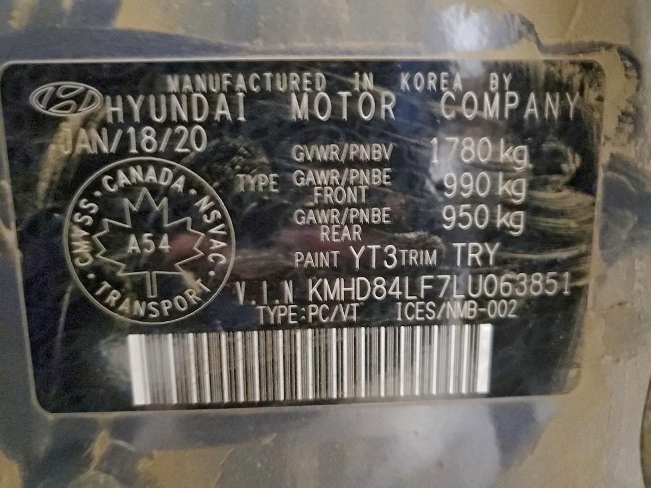 2020 Hyundai Elantra Sel VIN: KMHD84LF7LU063851 Lot: 95054925