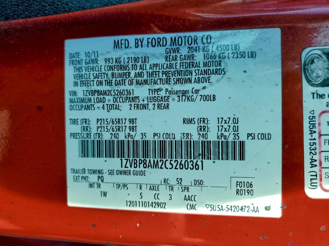 2012 Ford Mustang VIN: 1ZVBP8AM2C5260361 Lot: 93460615