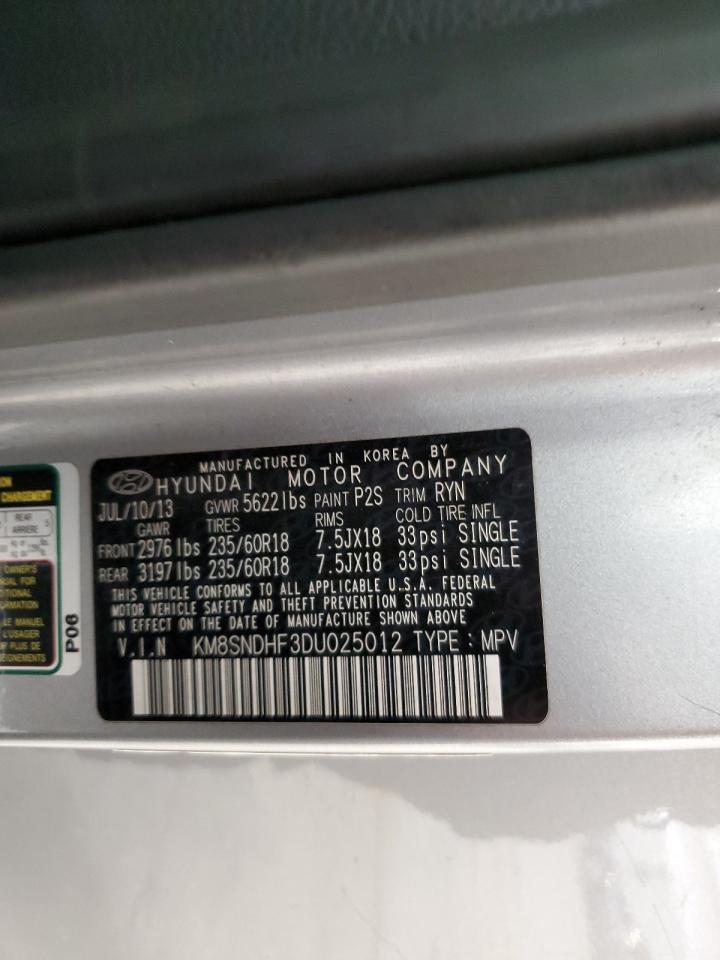 2013 Hyundai Santa Fe Gls VIN: KM8SNDHF3DU025012 Lot: 92054895