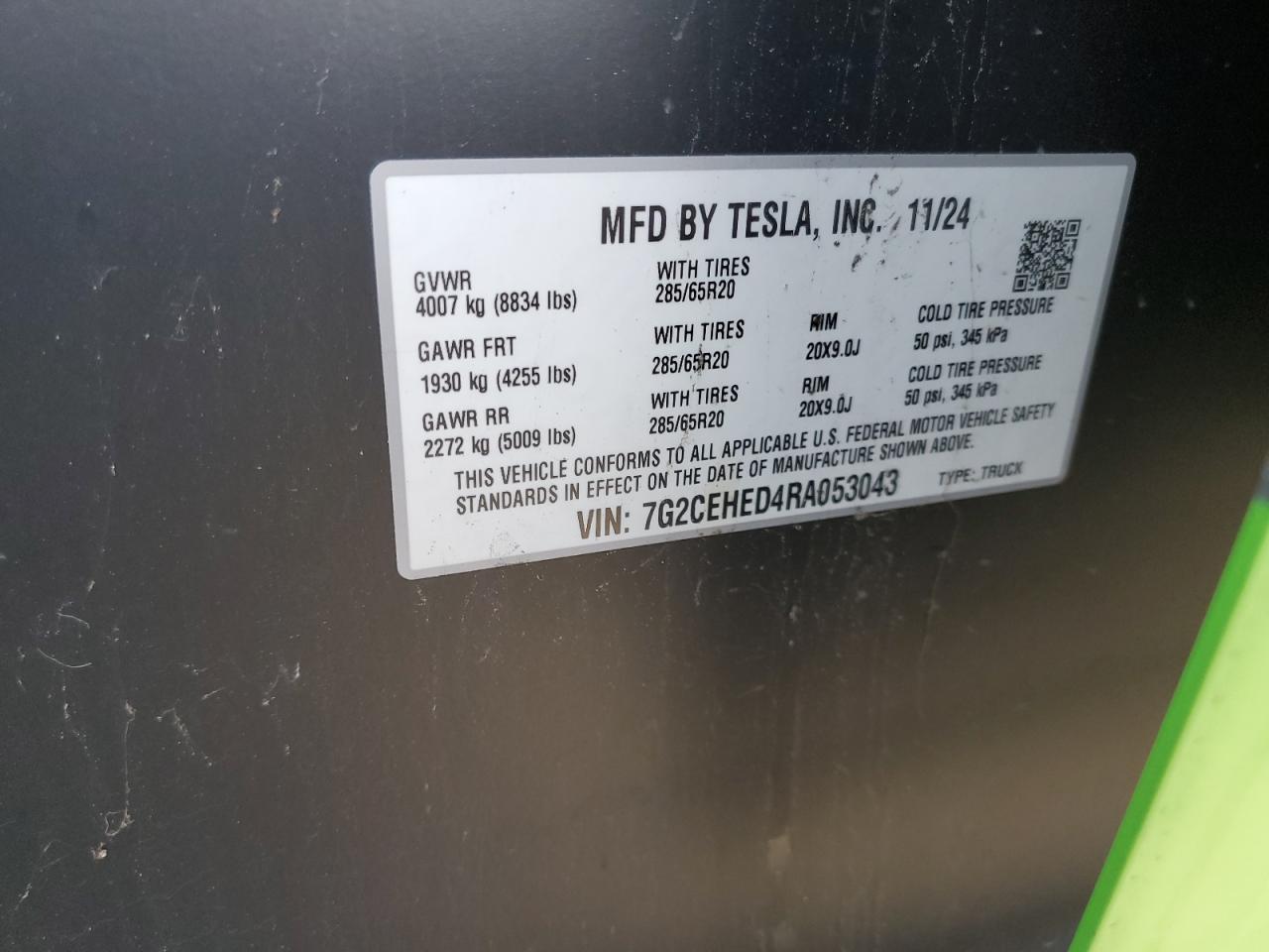 2024 Tesla Cybertruck VIN: 7G2CEHED4RA053043 Lot: 91587425