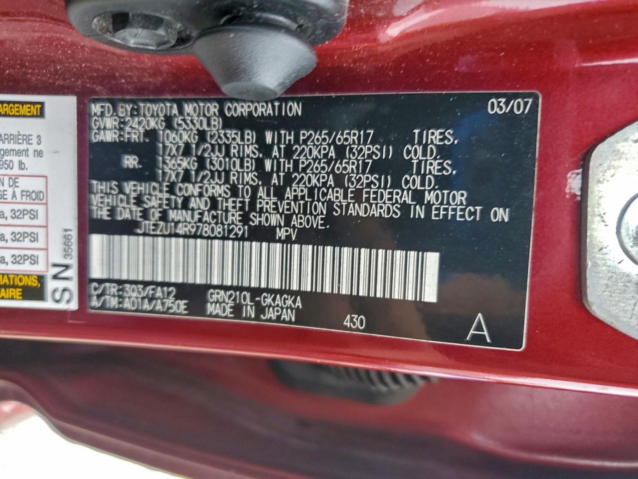 2007 Toyota 4Runner Sr5 VIN: JTEZU14R978081291 Lot: 93351255