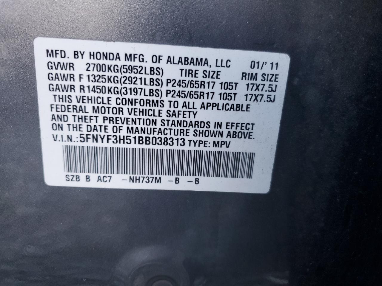 2011 Honda Pilot Exl VIN: 5FNYF3H51BB038313 Lot: 92871625