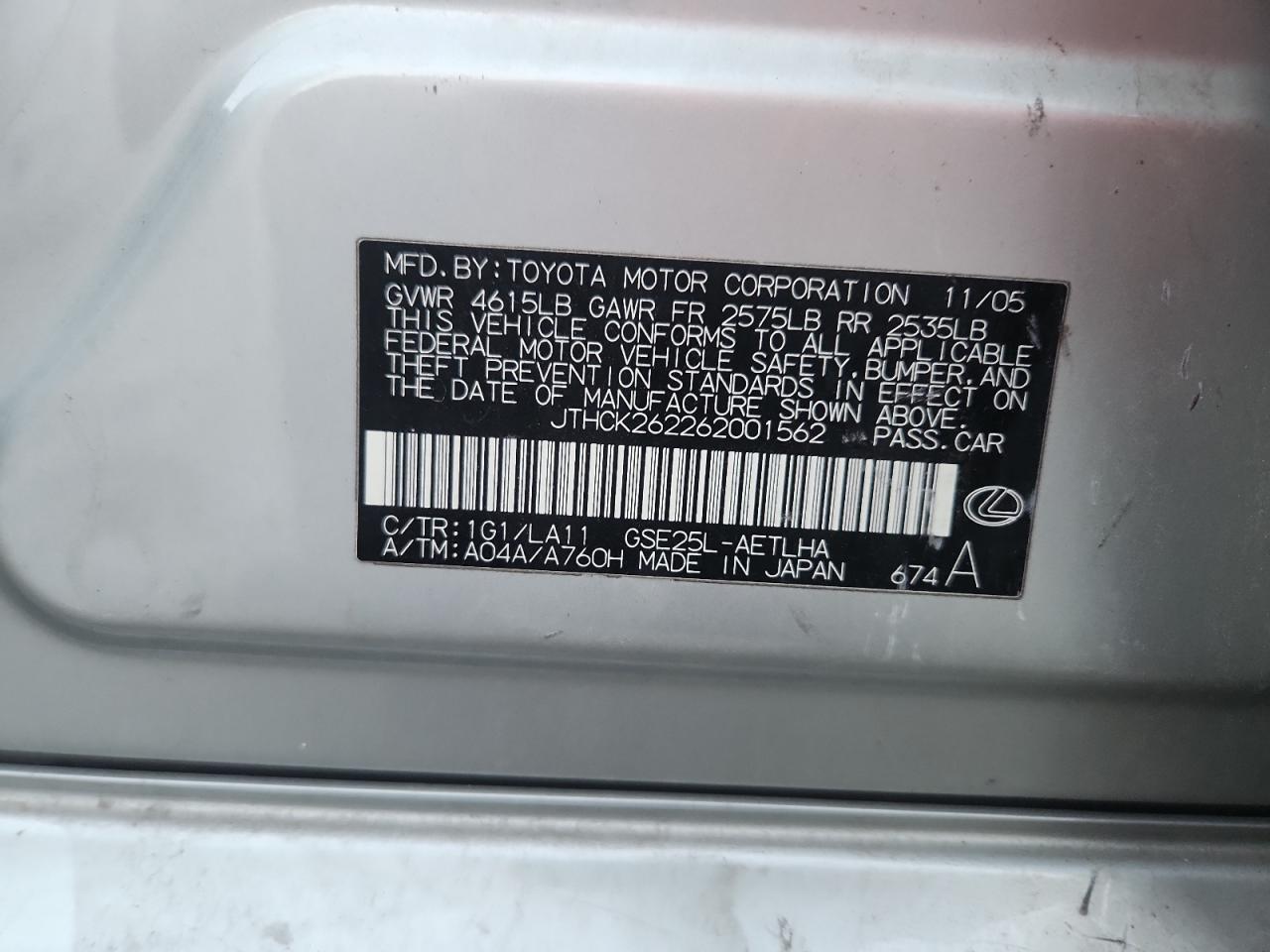 2006 Lexus Is 250 VIN: JTHCK262262001562 Lot: 91705635