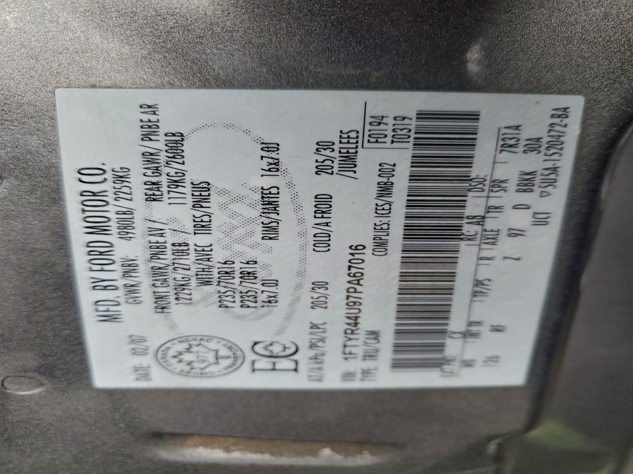 2007 Ford Ranger Super Cab VIN: 1FTYR44U97PA67016 Lot: 94730575