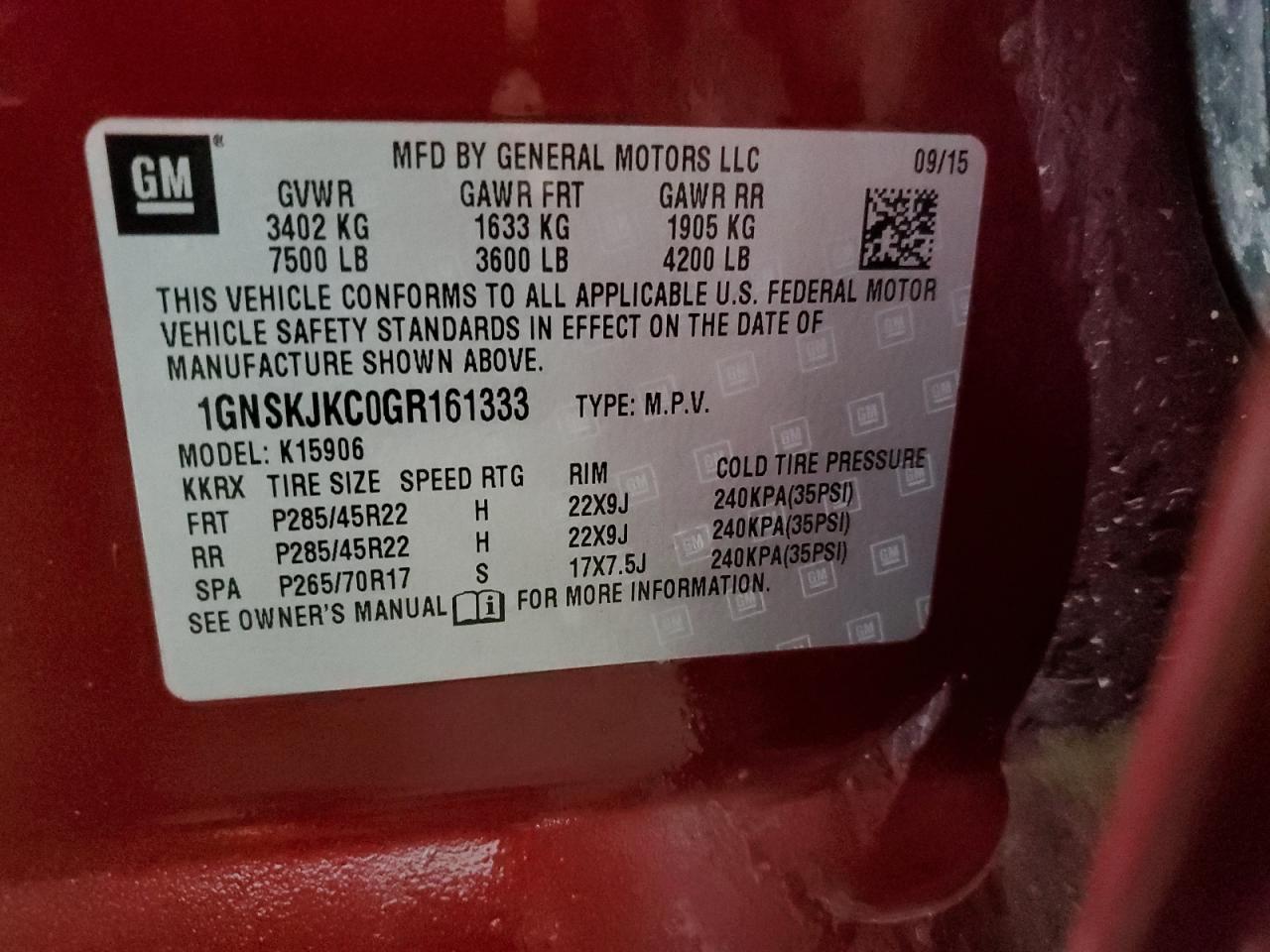 2016 Chevrolet Suburban K1500 Ltz VIN: 1GNSKJKC0GR161333 Lot: 92868615