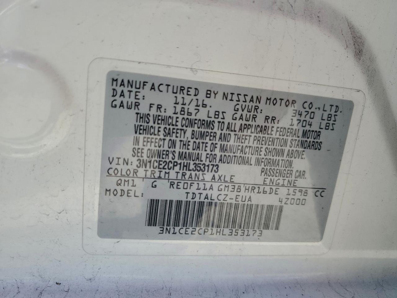 2017 Nissan Versa Note S VIN: 3N1CE2CP1HL353173 Lot: 94773045