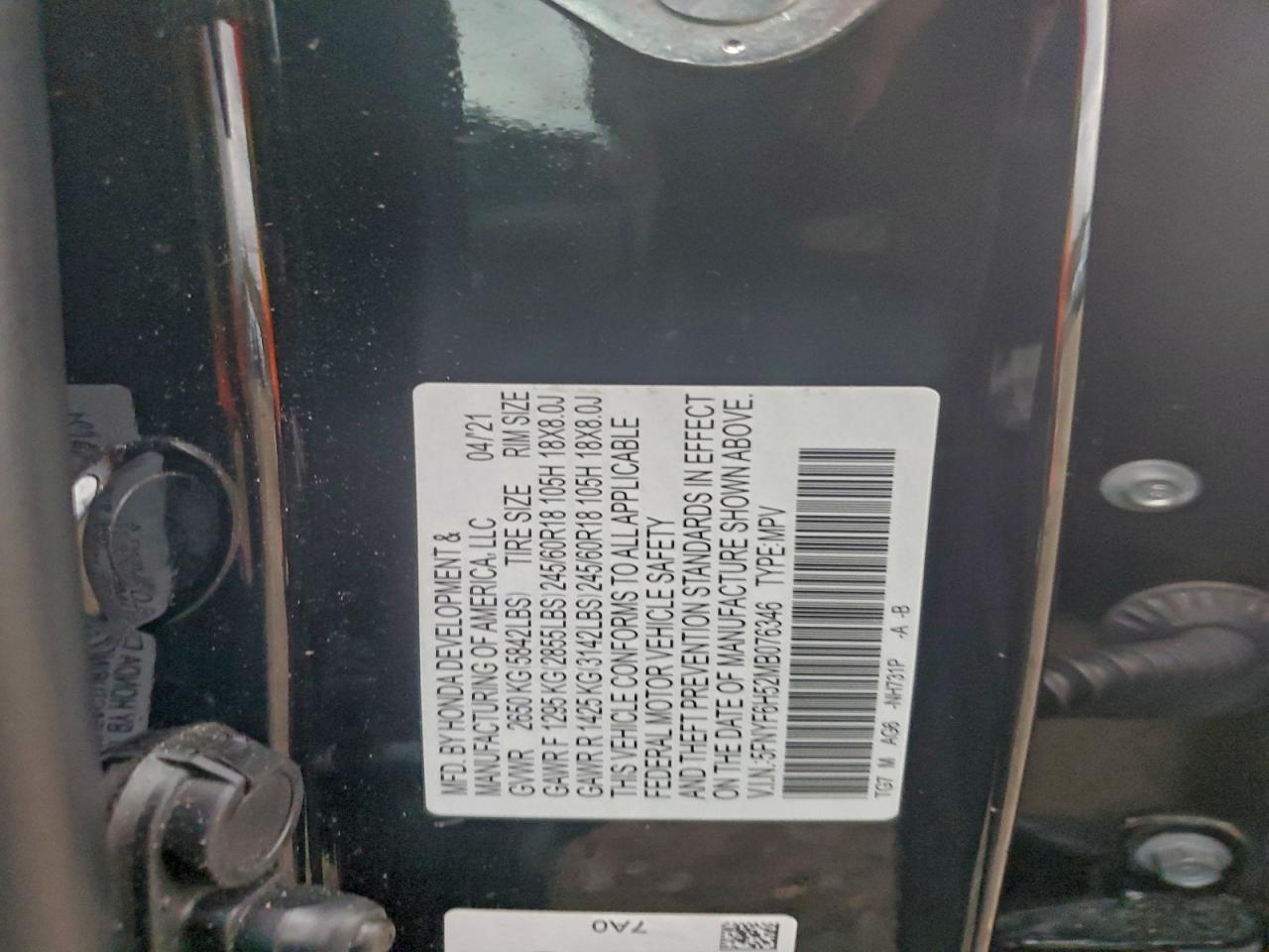 2021 Honda Pilot Exl VIN: 5FNYF6H52MB076346 Lot: 94045835