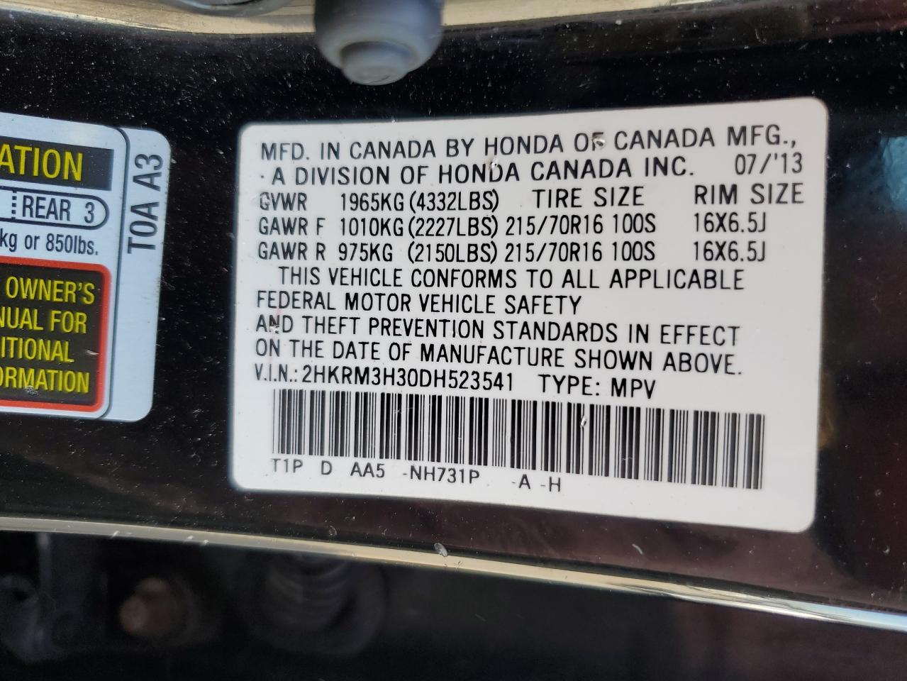 2013 Honda Cr-V Lx VIN: 2HKRM3H30DH523541 Lot: 91959265