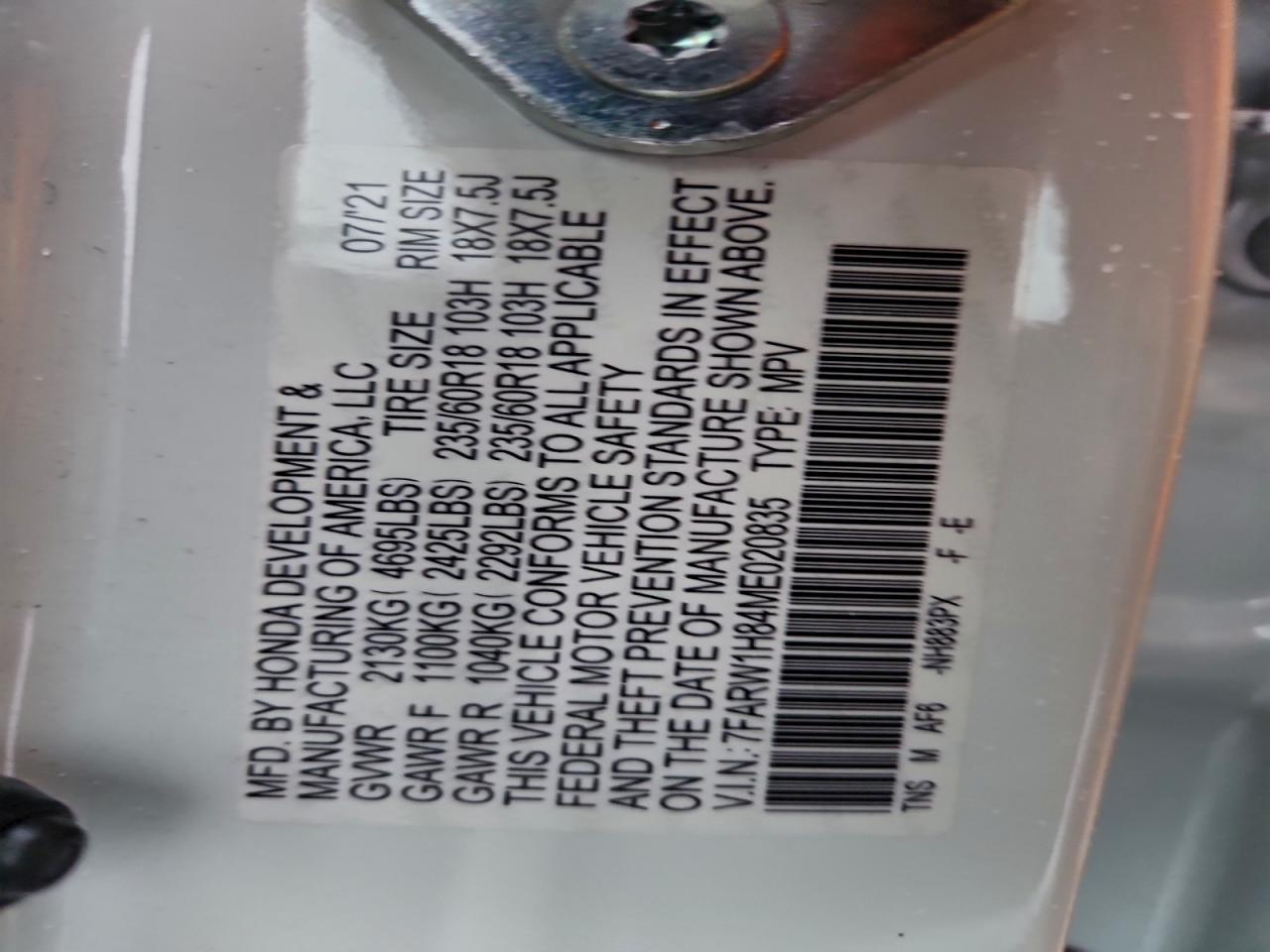 2021 Honda Cr-V Exl VIN: 7FARW1H84ME020835 Lot: 92501025