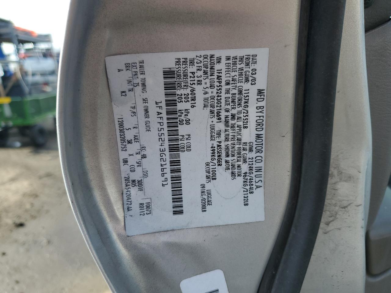 2003 Ford Taurus Ses VIN: 1FAFP55243G216691 Lot: 92108085