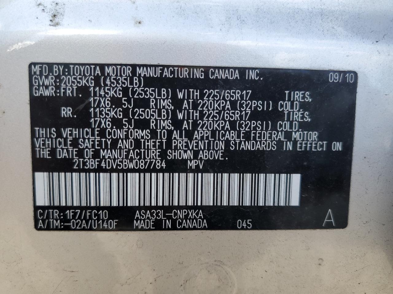 2011 Toyota Rav4 VIN: 2T3BF4DV5BW087784 Lot: 93101585