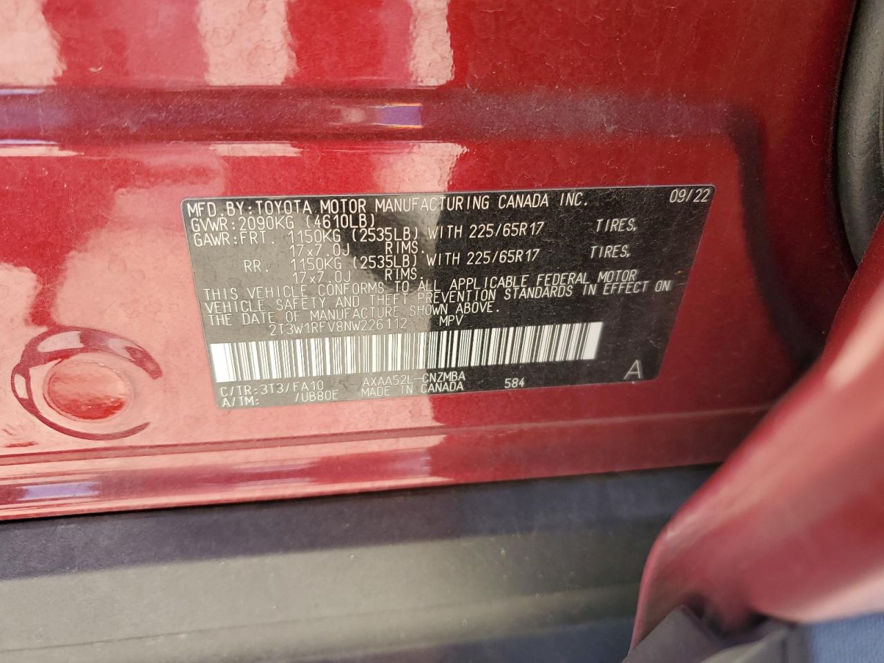 2022 Toyota Rav4 Xle VIN: 2T3W1RFV8NW226112 Lot: 87460735