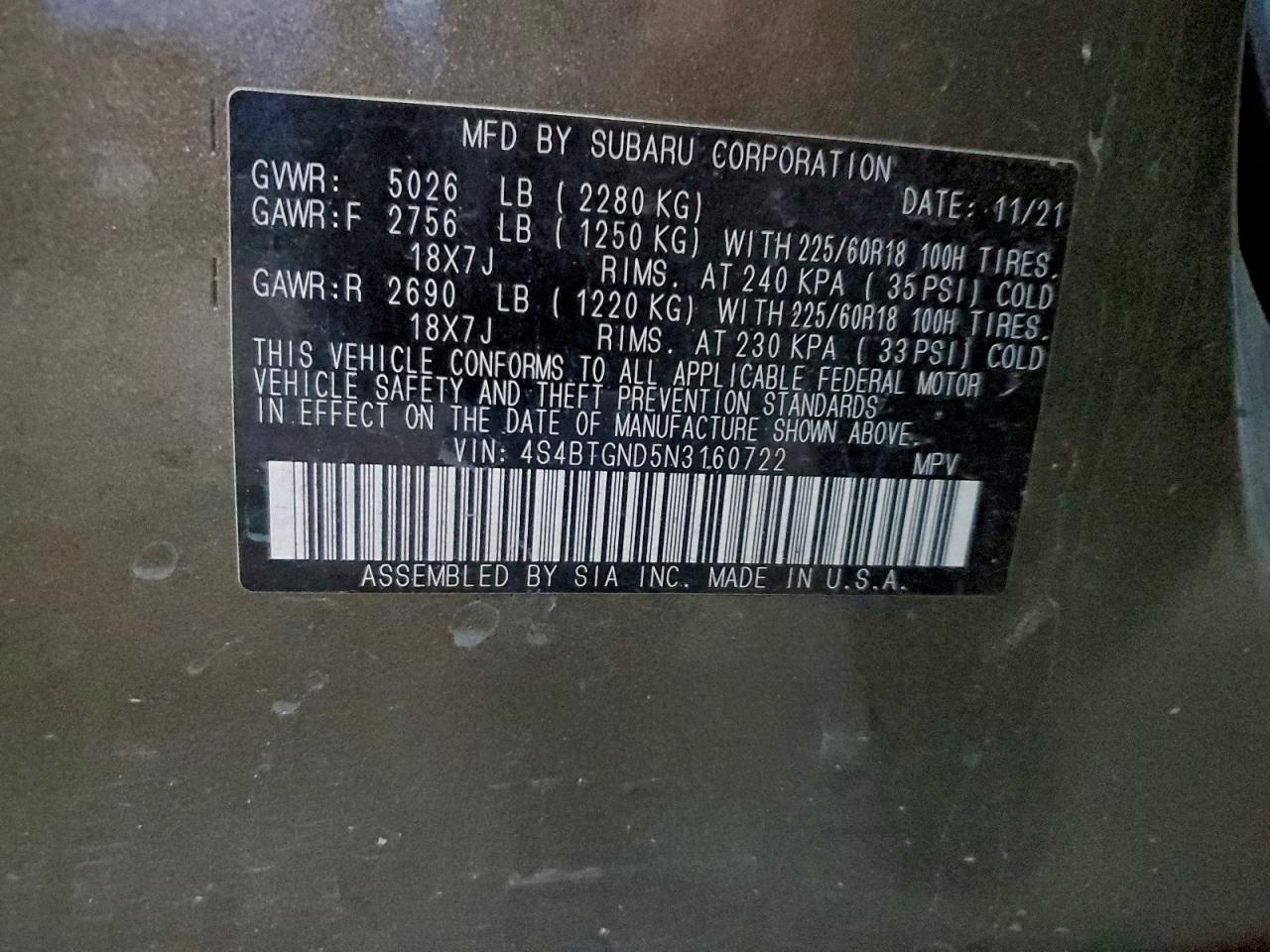 2022 Subaru Outback Limited Xt VIN: 4S4BTGND5N3160722 Lot: 93776325