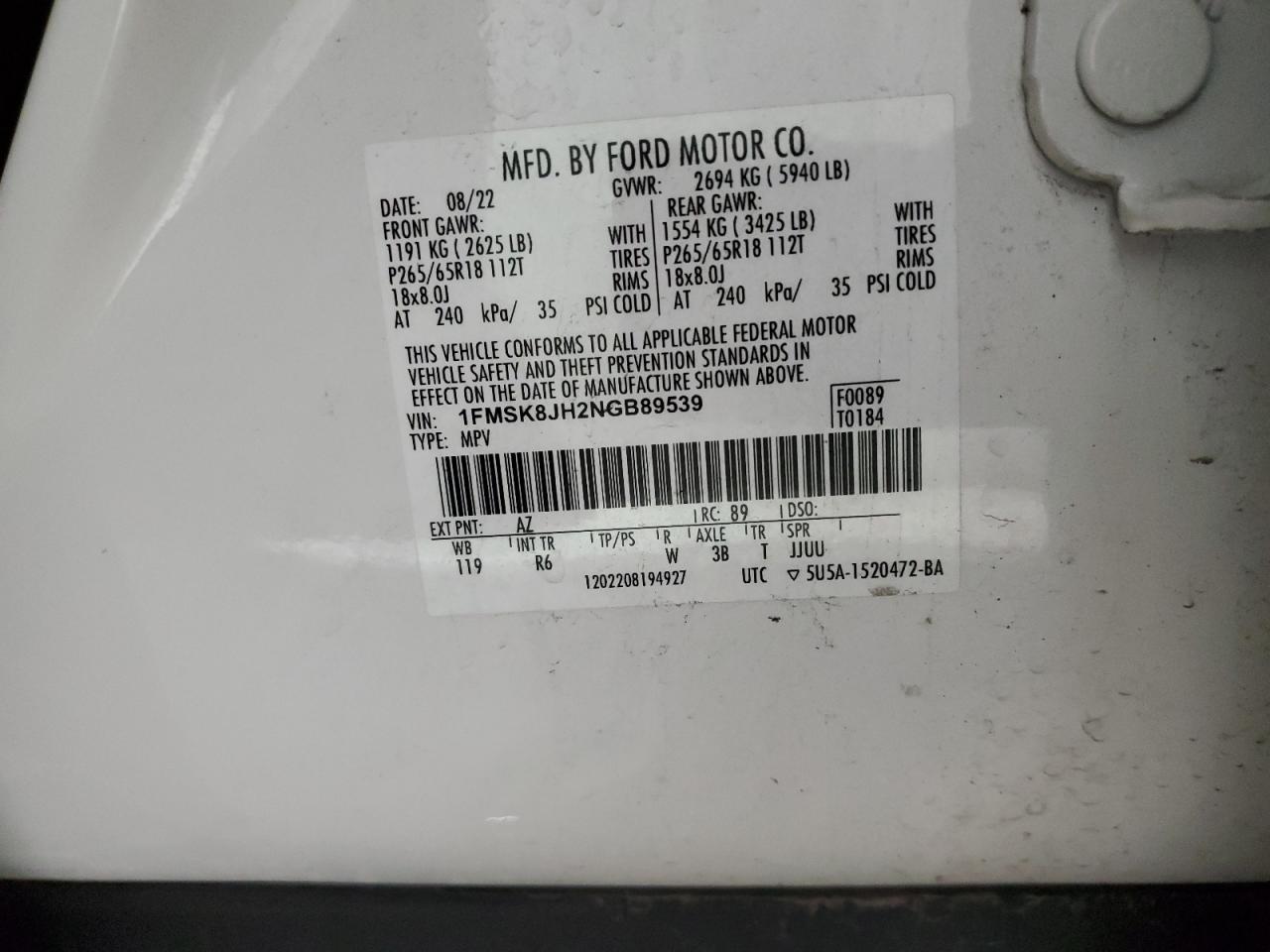 2022 Ford Explorer Timberline VIN: 1FMSK8JH2NGB89539 Lot: 92386425