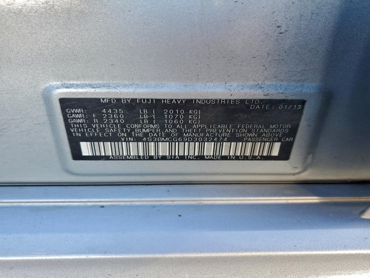 2013 Subaru Legacy 2.5I Premium VIN: 4S3BMCG69D3032474 Lot: 92294205