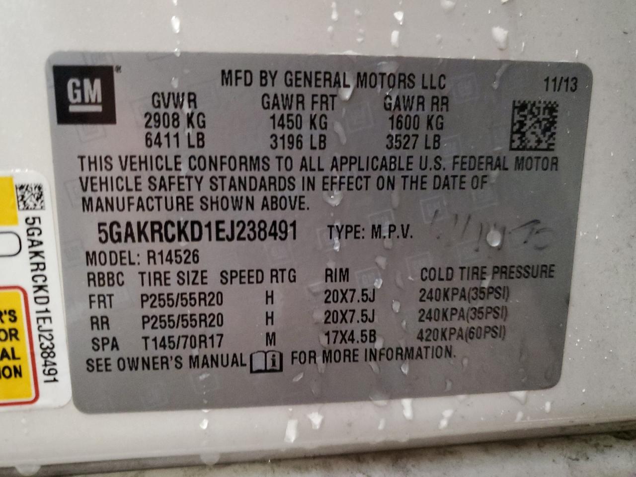 2014 Buick Enclave VIN: 5GAKRCKD1EJ238491 Lot: 93080895