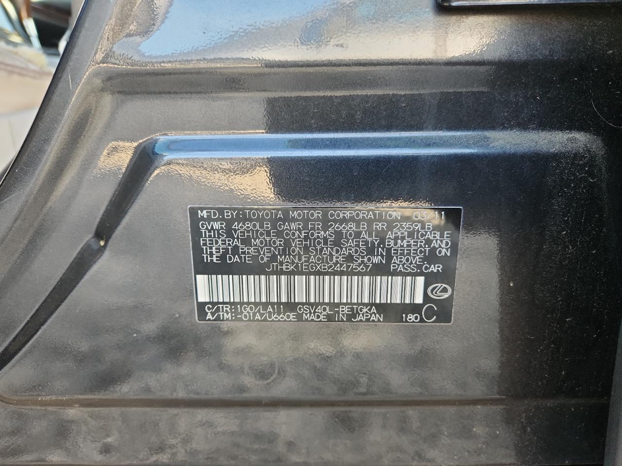 2011 Lexus Es 350 VIN: JTHBK1EGXB2447567 Lot: 92474785