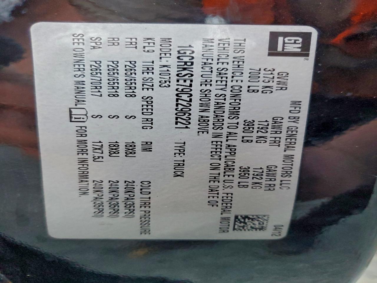 2012 Chevrolet Silverado K1500 Lt VIN: 1GCRKSE79CZ296221 Lot: 94147555