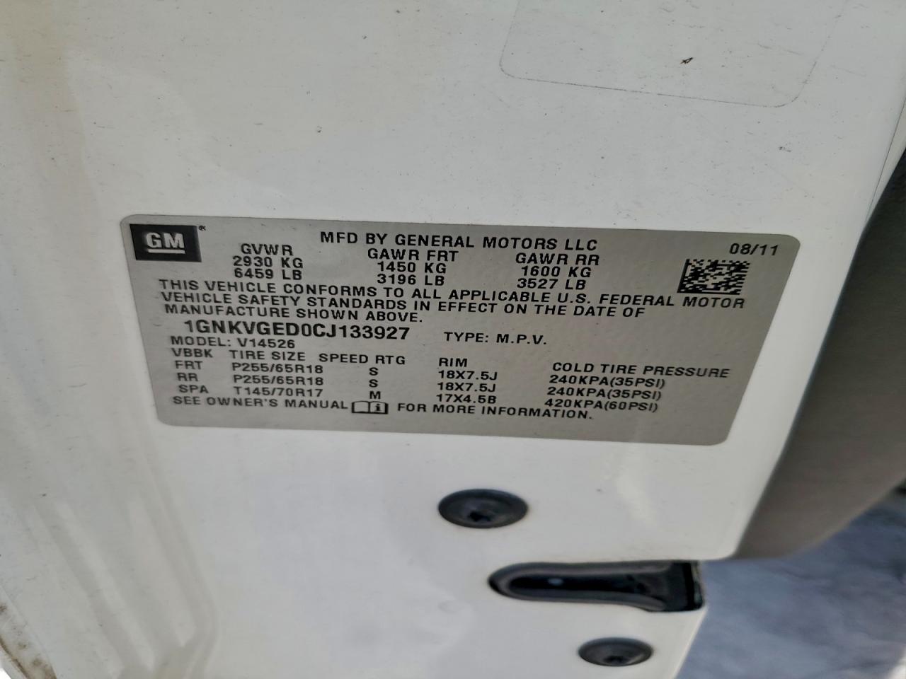 2012 Chevrolet Traverse Lt VIN: 1GNKVGED0CJ133927 Lot: 93924885