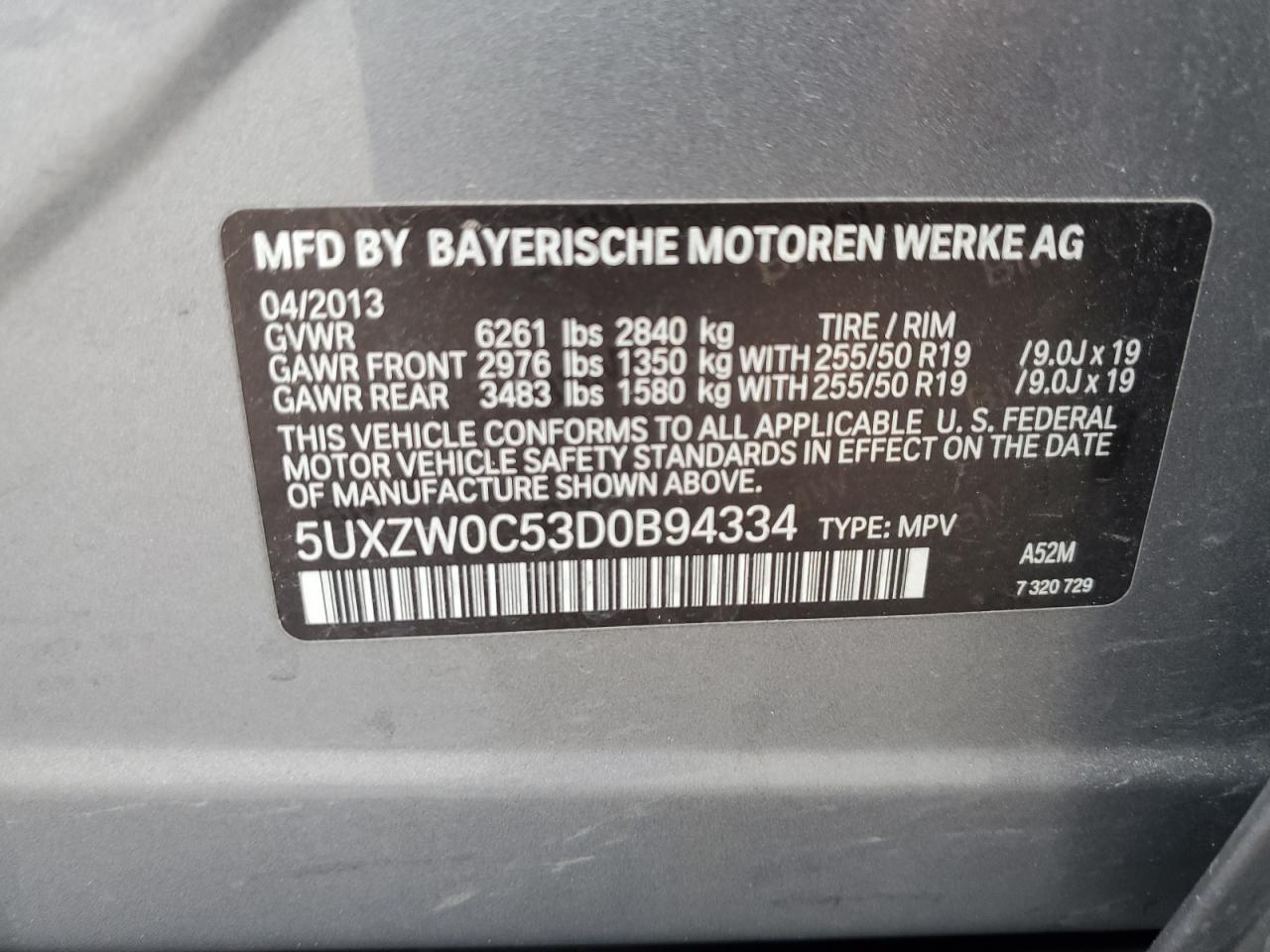 2013 BMW X5 xDrive35D VIN: 5UXZW0C53D0B94334 Lot: 93118115