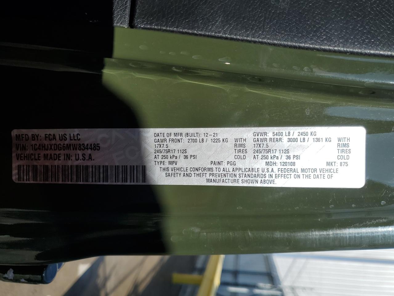 2021 Jeep Wrangler Unlimited Sport VIN: 1C4HJXDG6MW834485 Lot: 92472205