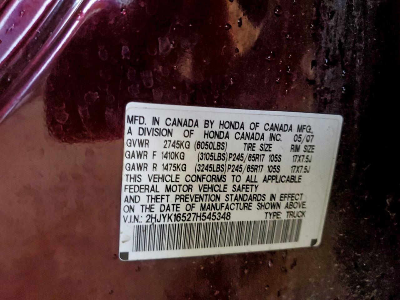 2007 Honda Ridgeline Rtl VIN: 2HJYK16527H545348 Lot: 93711055
