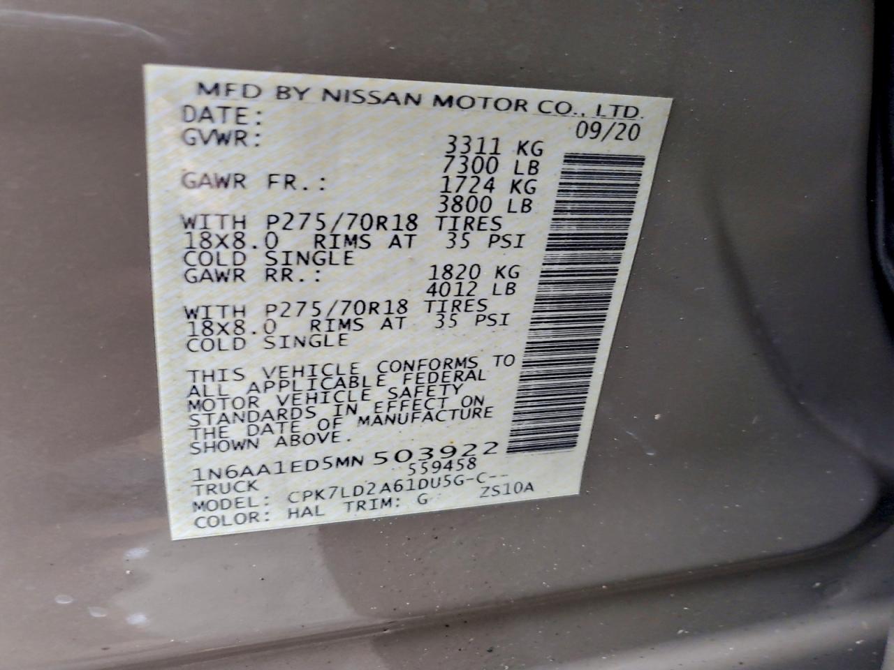 2021 Nissan Titan Sv VIN: 1N6AA1ED5MN503922 Lot: 94025755