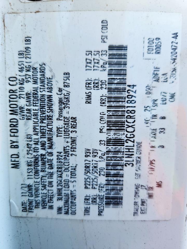 2012 Lincoln Mkz VIN: 3LNHL2GCXCR818924 Lot: 92478255