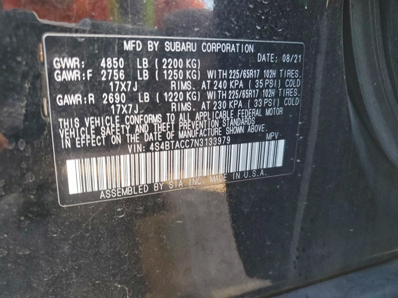 2022 Subaru Outback Premium VIN: 4S4BTACC7N3133979 Lot: 93860495