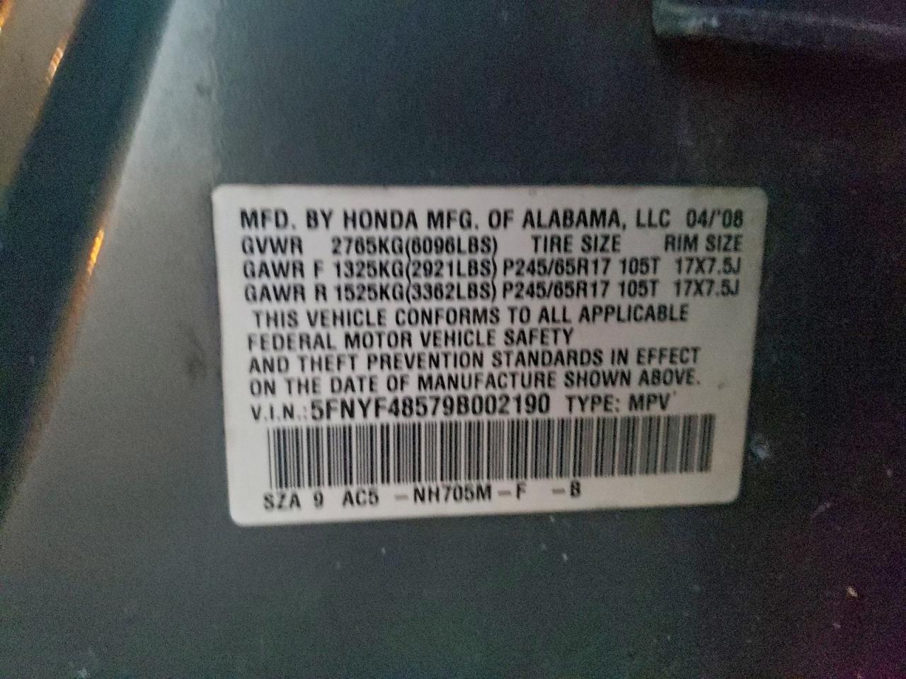 2009 Honda Pilot Exl VIN: 5FNYF48579B002190 Lot: 94335445