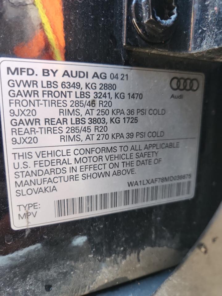 2021 Audi Q7 Premium Plus VIN: WA1LXAF78MD036675 Lot: 91521345