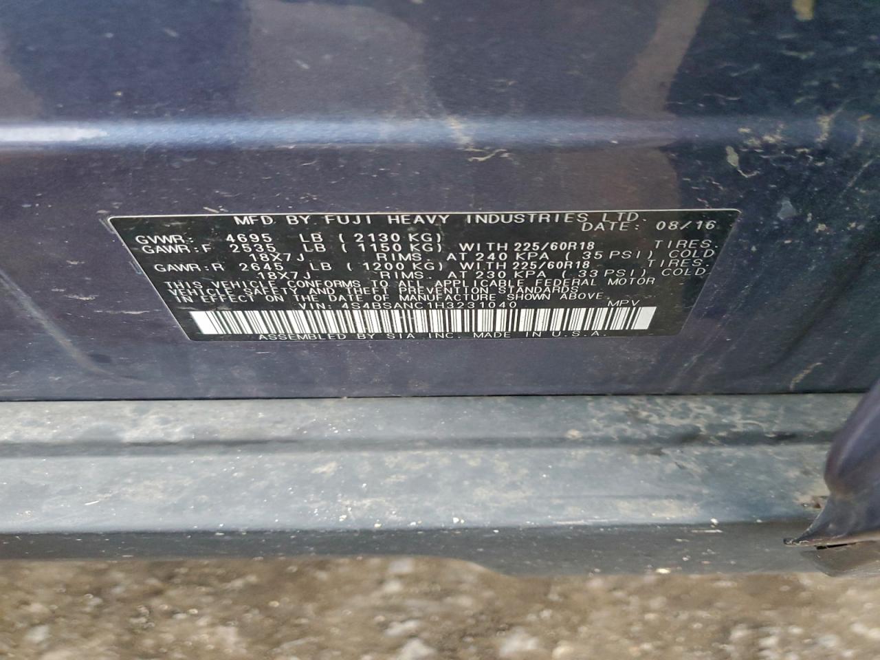 2017 Subaru Outback 2.5I Limited VIN: 4S4BSANC1H3231040 Lot: 93191235