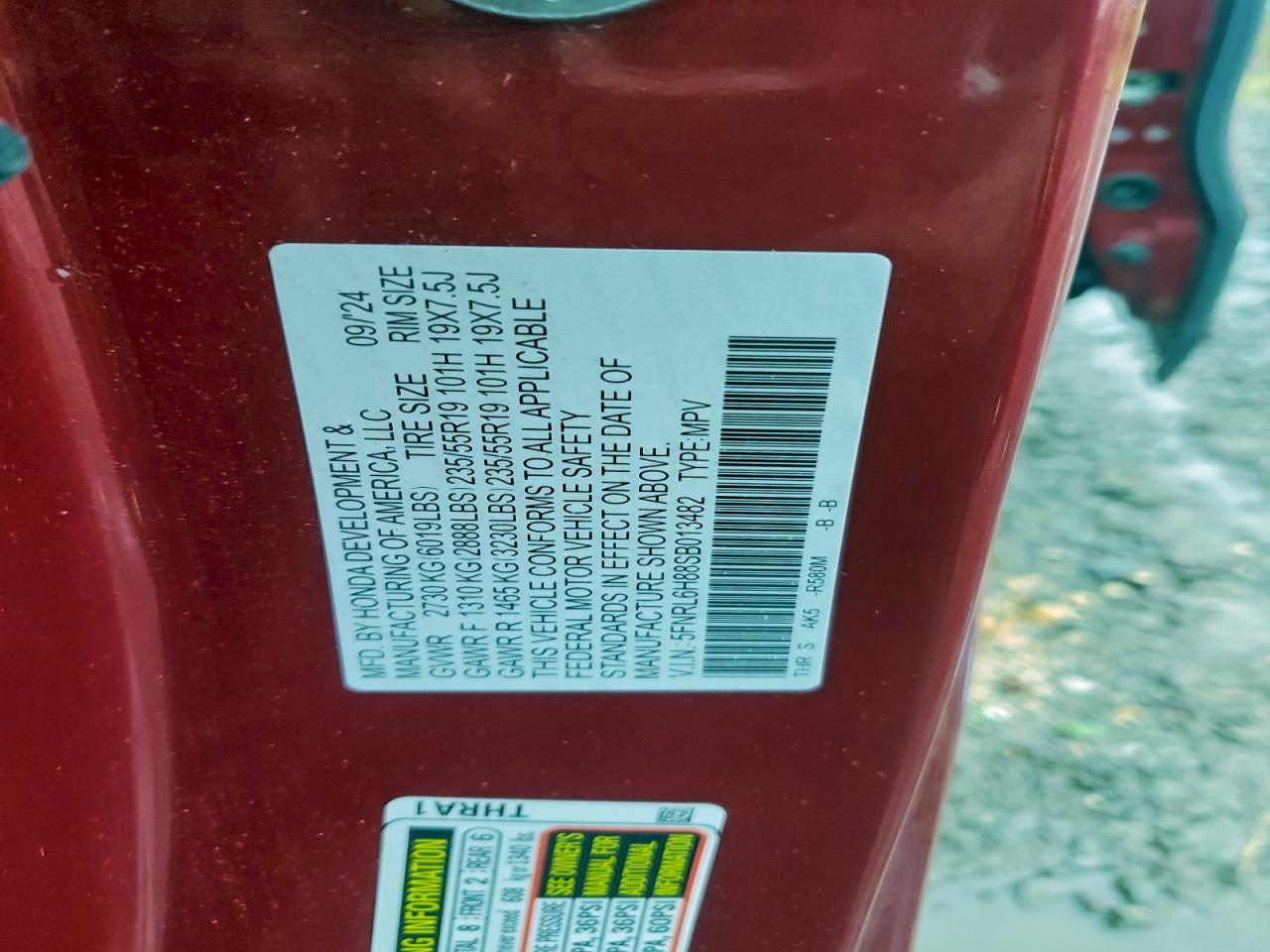 2025 Honda Odyssey Touring VIN: 5FNRL6H88SB013482 Lot: 94121475