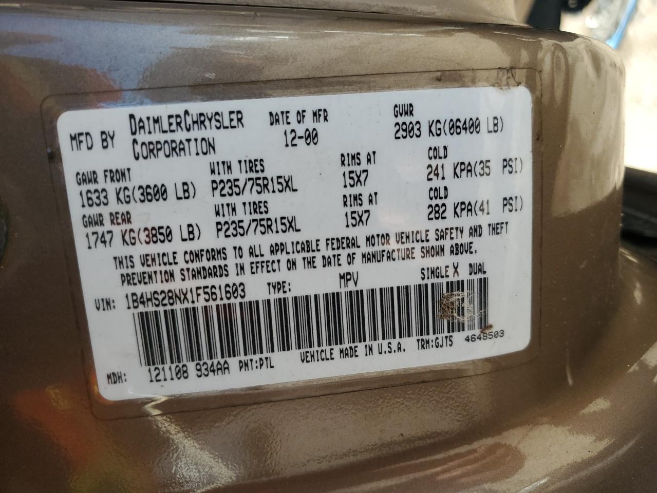 2001 Dodge Durango VIN: 1B4HS28NX1F561603 Lot: 90419925