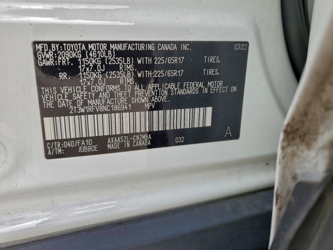 2022 Toyota Rav4 Xle VIN: 2T3W1RFV8NC186941 Lot: 93996545