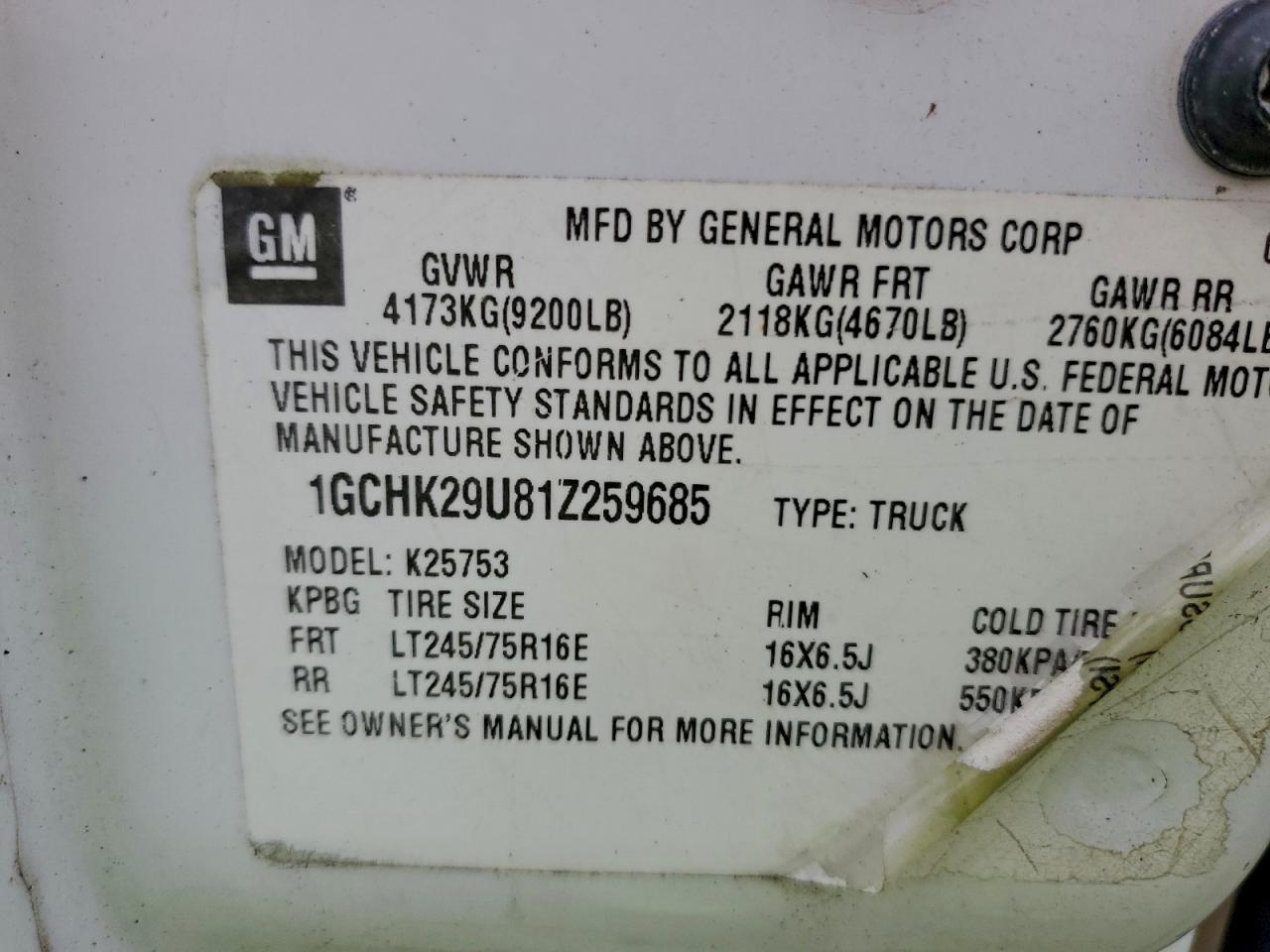 2001 Chevrolet Silverado K2500 Heavy Duty VIN: 1GCHK29U81Z259685 Lot: 93590095