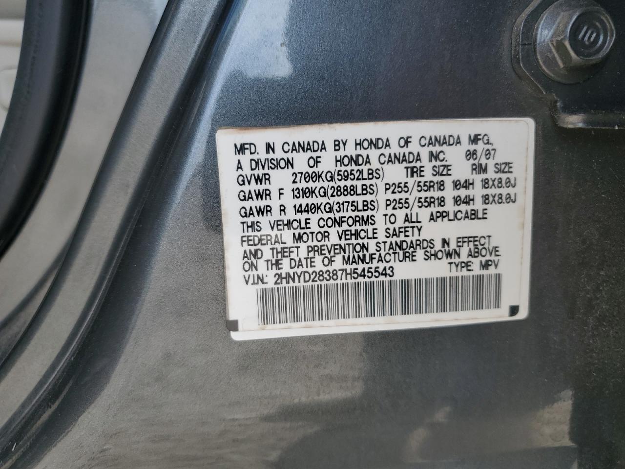 2007 Acura Mdx Technology VIN: 2HNYD28387H545543 Lot: 93662415