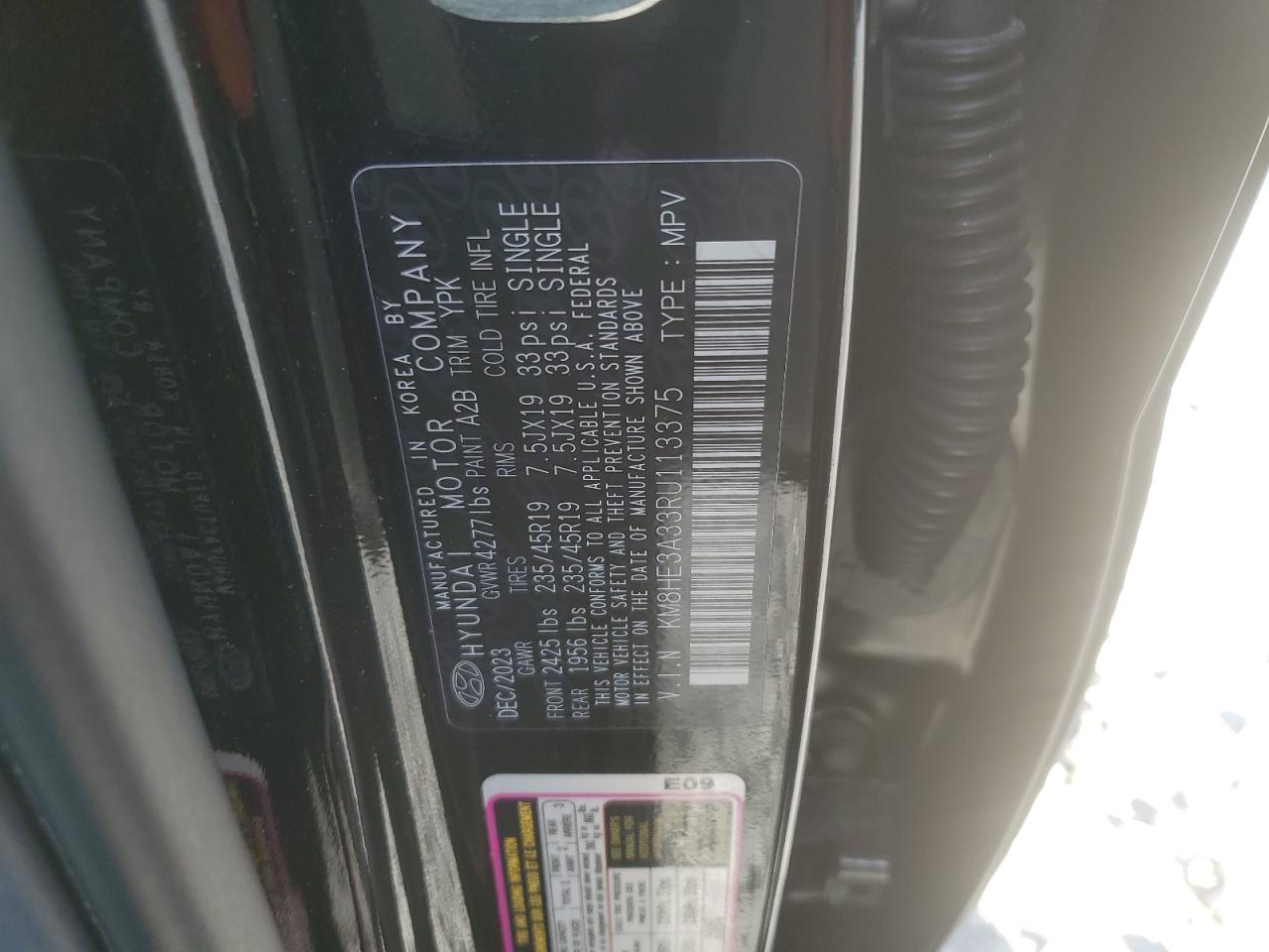 2024 Hyundai Kona Limited VIN: KM8HE3A33RU113375 Lot: 93834905