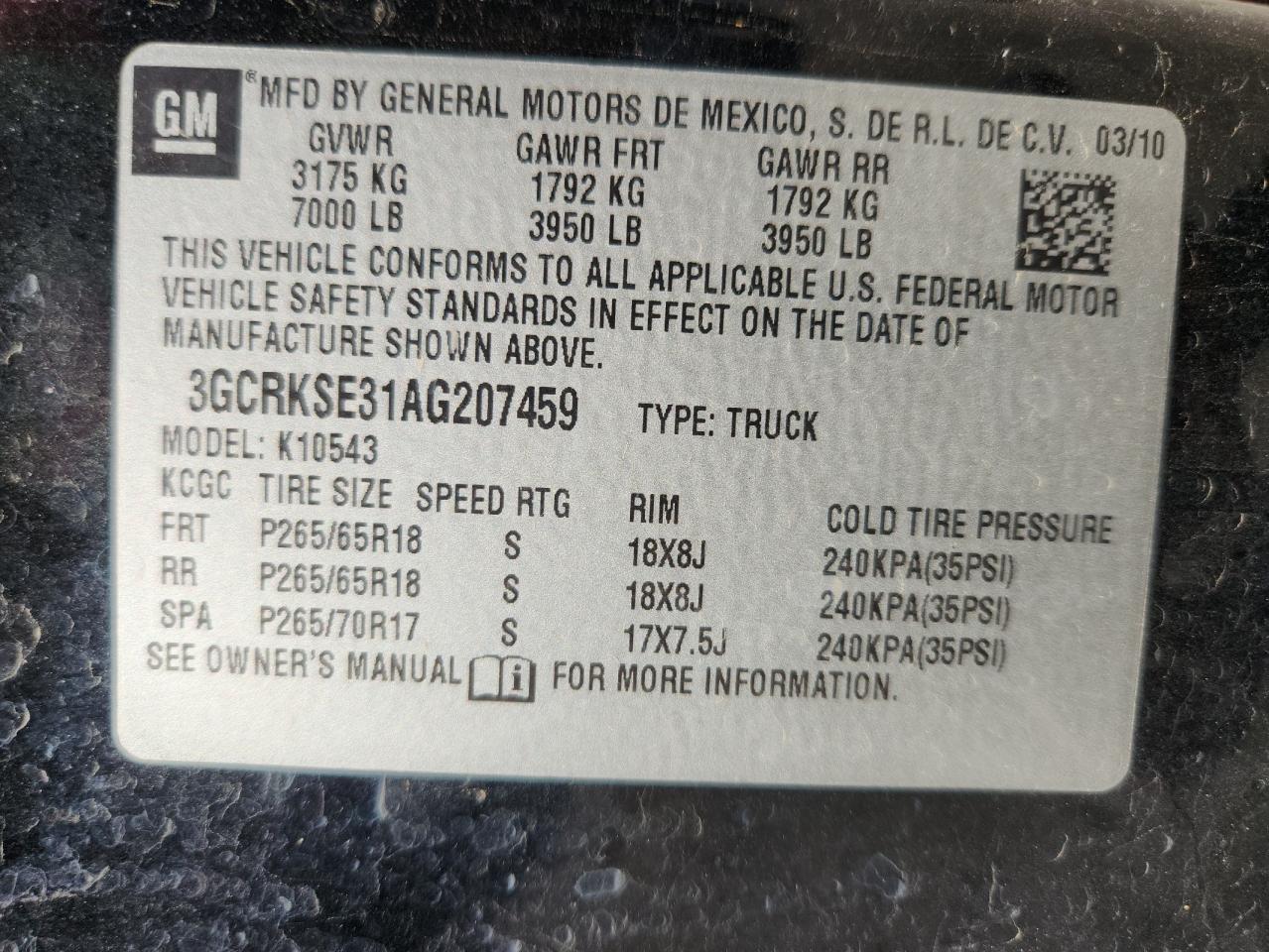 2010 Chevrolet Silverado K1500 Lt VIN: 3GCRKSE31AG207459 Lot: 90941035