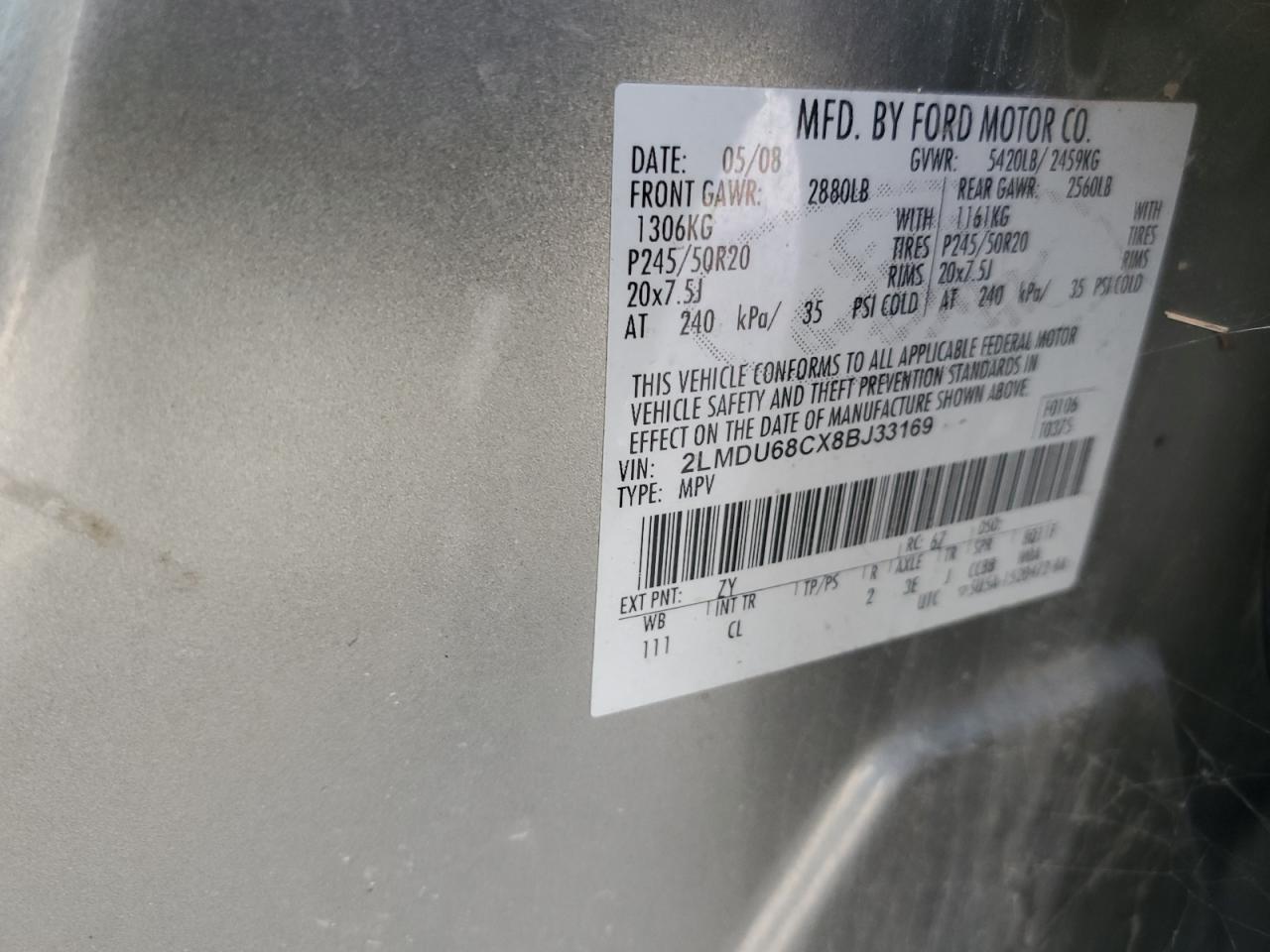 2008 Lincoln Mkx VIN: 2LMDU68CX8BJ33169 Lot: 93125245