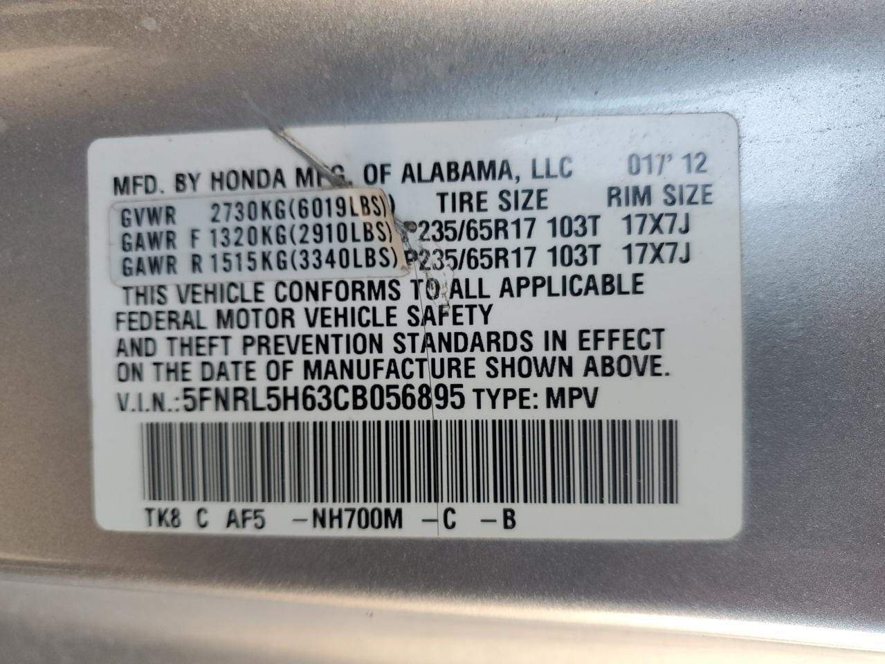 2012 Honda Odyssey Exl VIN: 5FNRL5H63CB056895 Lot: 92286325