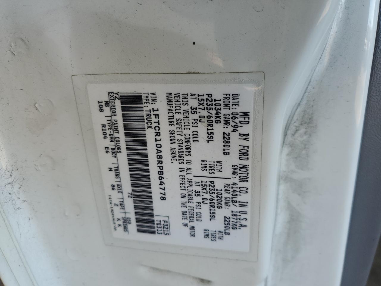 1994 Ford Ranger VIN: 1FTCR10A8RPB64778 Lot: 92927875