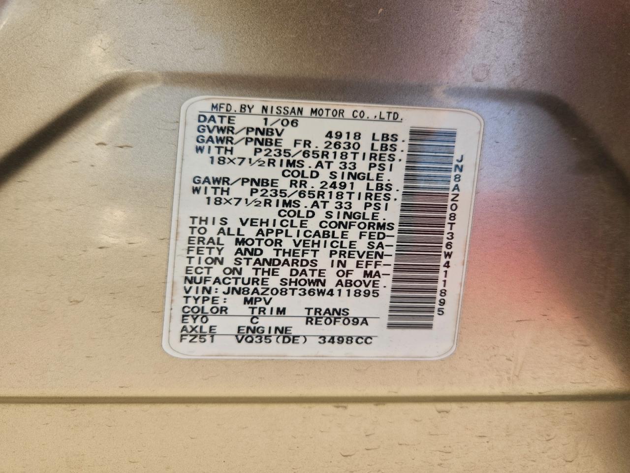 2006 Nissan Murano Sl VIN: JN8AZ08T36W411895 Lot: 91742745